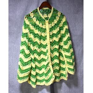 Handmade Crochet Button Front Cardigan Green Yellow Medium